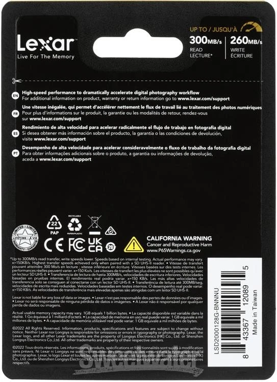 Lexar Professional 2000x SDHC/SDXC UHS-II Card Gold Series - 128GB, UHS-II, U3, - Image 2 of 3