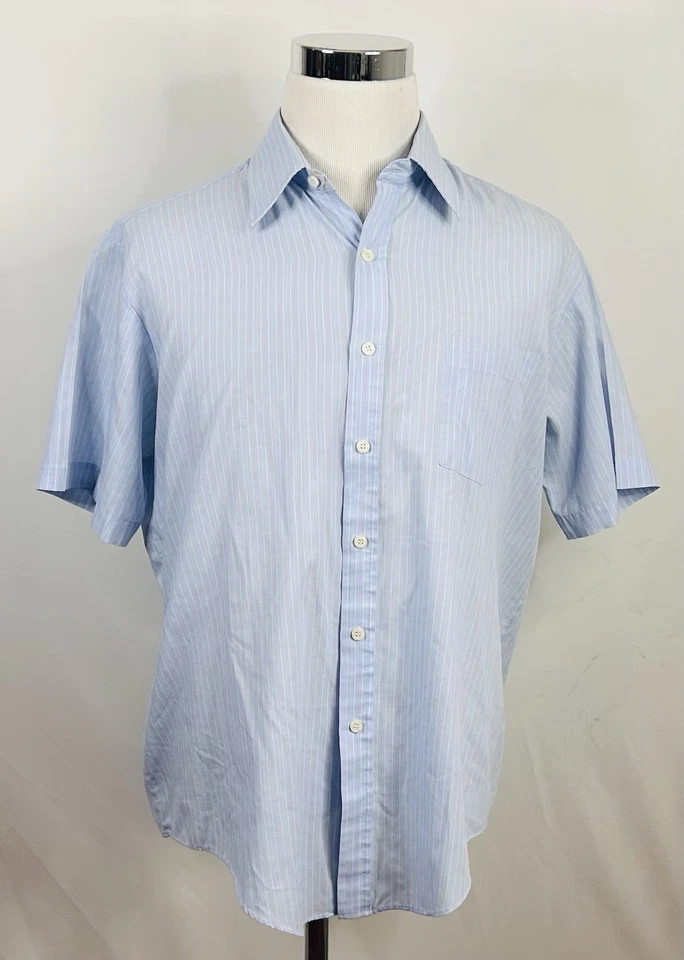 Camisa de Vestir Sears 17 Vintage Perma Prest Manga Corta Azul Rayas Mezcla de Algodón Foto 2 de 4