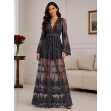Mustard Seed Charcoal Grey Lace Sheer Maxi Dress Bell Sleeve
