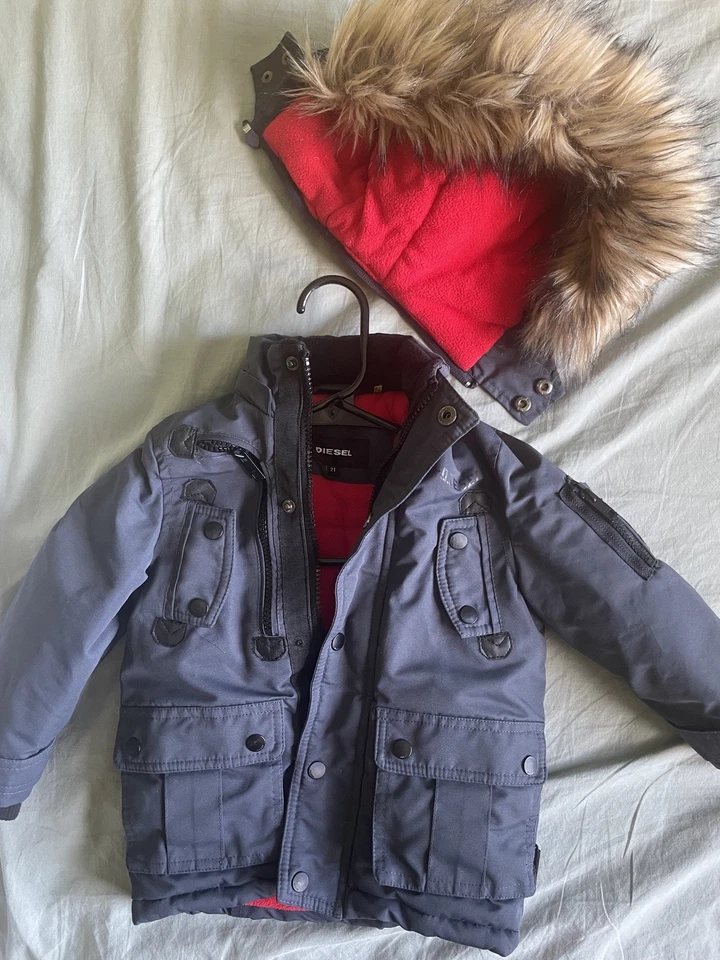 Diesel Toddler Boys Outerwear Faux Fur Hooded Jacket Charcoal Gray Size 2T - Image 2 of 4