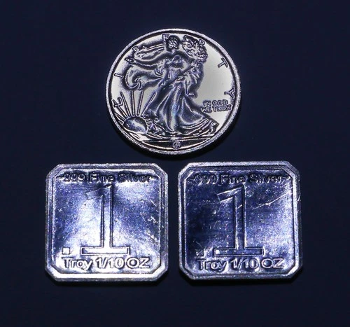 (1) 1/10 Oz .999 Fine Silver Walking Liberty Round (2) 1/10 Oz .999 Square Bars!