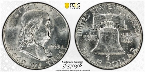 1963-D 50C FRANKLIN SILVER HALF DOLLARPCGS MS62