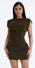 Fashion Nova Aliza Corset Waist Mini Dress Set - Olive Size Large New