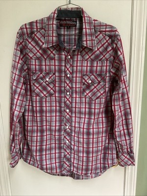 Rock Roll Cowboy Pearl Snap Shirt Men M Red Gray Plaid Long Sleeve Western