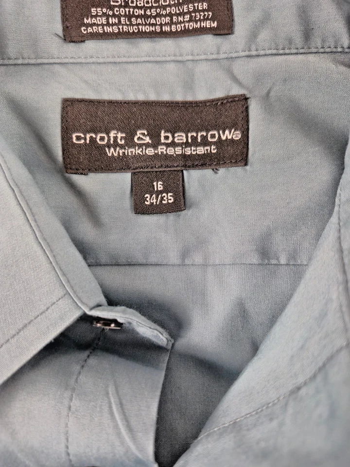 Camisa de vestir Croft & Barrow para hombre 16 34-35 tela ancha abotonada azul gris bolsillo Foto 2 de 4