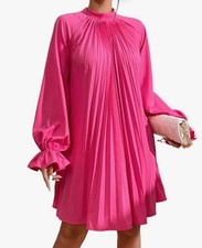 Hot Pink Pleated Mini Dress Women's Size S Long Balloon Sleeve Mock Neck Modest