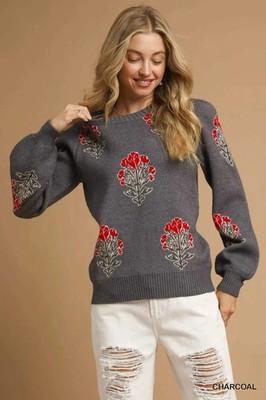 Trendsi Flower Jacquard Women's Pullover Sweater Cozy & Soft USA Ship