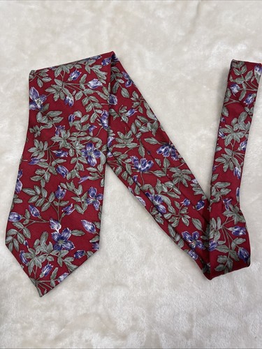 Oscar dela Renta Mens 100% Silk 57" Necktie USA Red w Purple & Green Floral Pat. - Picture 2 of 5
