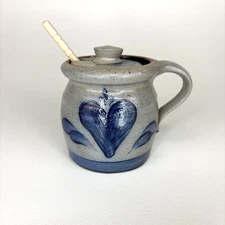 Vintage ROWE POTTERY HONEY JAR 1990 Salt Glaze Stoneware Blue Decoration 4”