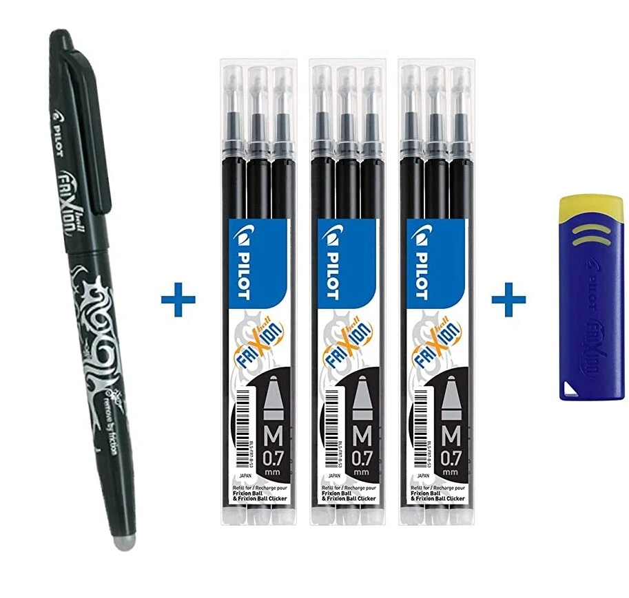 Pack 1 stylo Roller + 3 sets 3 recharges + 1 gomme PILOT FRIXION 07 NOIR - Photo 1/1