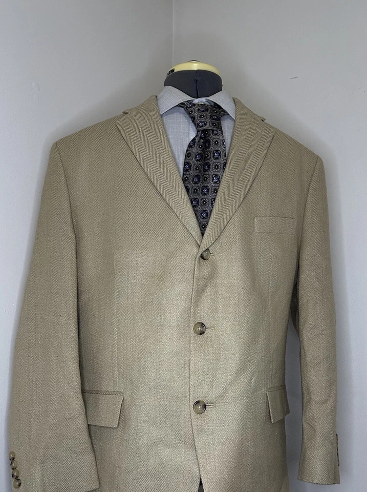 Mens Sport Coat Blazer Suit Jacket 45R 49" Beige Tan Herringbone 3 Button Silk - Image 2 of 4