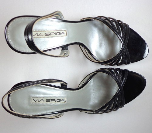 Via Spiga Slingbacks Womens Black Leather Silver High Heel Shoes Size 9 M - Picture 8 of 12
