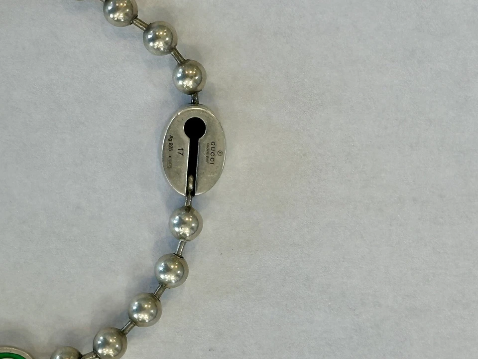 正品古驰联锁 G 绿色珐琅银饰纯银手链 — 第 3/4 张图片