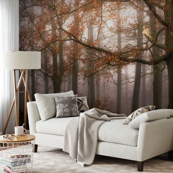 Wohnzimmer Tapete Wandbild 151X102 Zoll Nebeliger Herbstwald Foto BäUme Orange-image