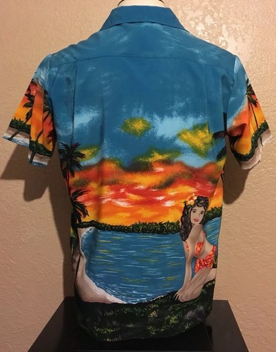 Kennington Herren mittelblau Hula Girl Palmen Sonnenuntergang Aloha Hawaiihemd M - Bild 5 von 8