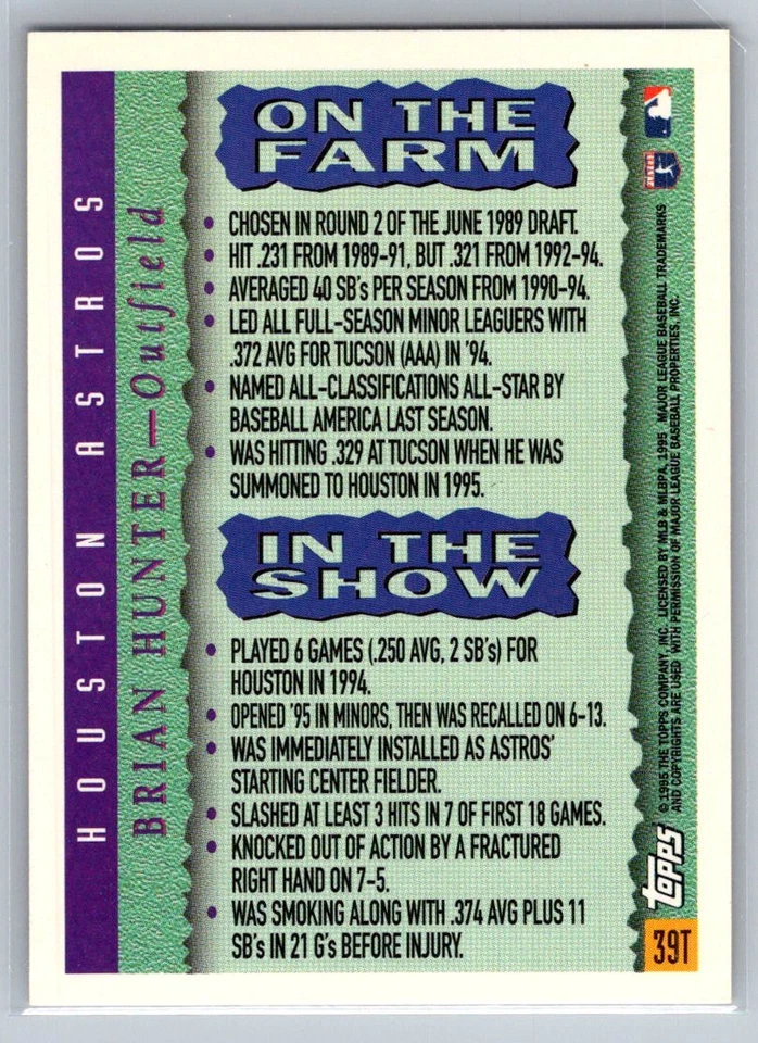 💎1995 Topps Traded & Rookies Baseball #39T Brian Hunter - Houston Astros💎 - Image 2 of 2