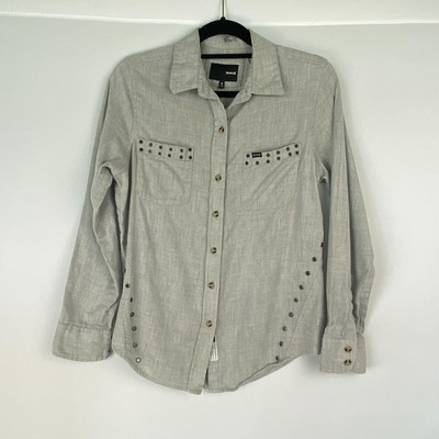 Hurley Wilson Ex Boyfriend Button Up Shirt Womens S Gray Eyelet Cotton