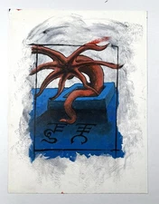 1990s Acrylic On Canvas Outsider Painting Red Snake Worm In Box 16x12”