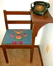 MID CENTURY WALNUT GOSSIP BENCH NEEDLEPOINT SEAT AMERICANA +ROTARY telephone
