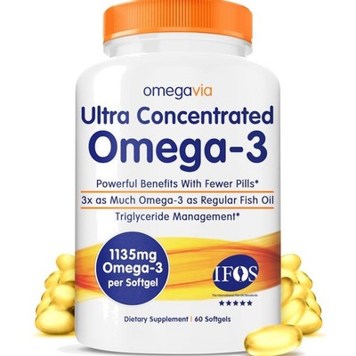 Ultra Concentrated Omega 3 Fish Oil Burpless, 60 Softgels, Triple Strength Om...