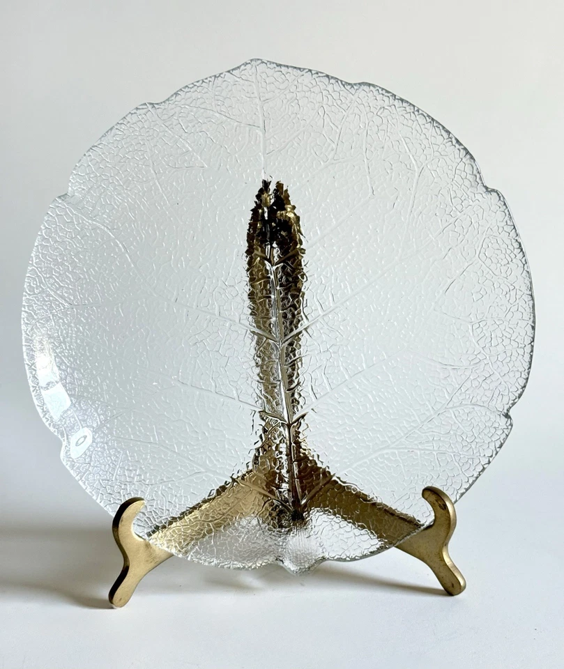 "Juego de 4 platos de ensalada de vidrio transparente ARCOROC Aspen 7,5"" patrón de hojas usados en excelente estado Francia" Foto 3 de 4