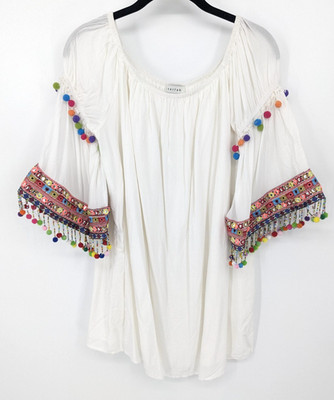 Stellah Boho Dress Mini Womens Medium White Embroidered Pom Pom Tassel Festival