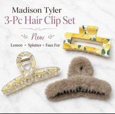 Madison Tyler 3 Pc Hair Claw Clip Set Lemon Splatter Faux Fur Large Clips NEW