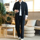 Mens Chinese Tang Suit Set Black Cotton Linen Kung Fu Tai Chi Jacket Trousers