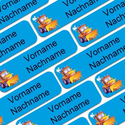 FINEST-FOLIA 80x Namensaufkleber m. Wunschname personalisiert Kinder Kinder Sticker 01 Bagger