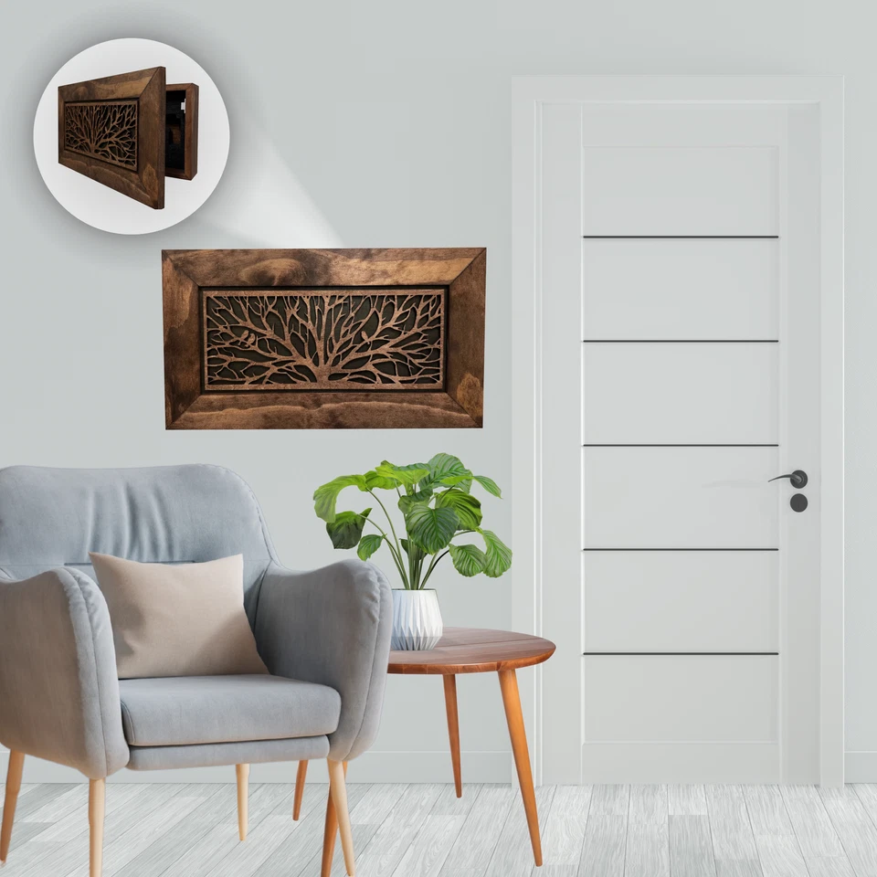 Gabinete para pistola de madera pájaros en un árbol decoración de pared - caja fuerte para pistola oculta Foto 3 de 4