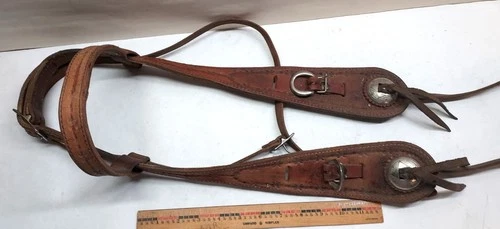 Vtg Brown Tooled Leather Western Horse Headstall Bridle w/ wide Cheeks 0818261