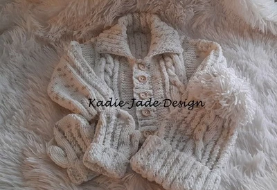 KADIE-JADE Baby Knitting Pattern #143 -To make Cardigan, Hat & Gloves in sizes 3-6m/6-9m