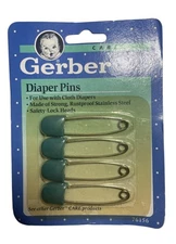 Vintage Gerber Diaper Pins 4 Pack Blue 1991 Stainless Steel Safety Lock Head New