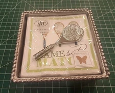 Mariposa Napkin Holder w/Tennis Racquet Weight & Napkins  Silver Tone - NEW - K1