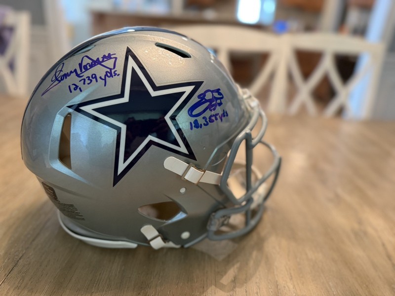 Emmitt Smith,,Tony Dorsett  Cowboys Signed Helmet w/ career yardage inscription
