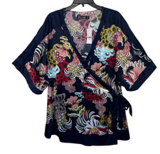 7TH AVENUE Floral Kimono Tie Wrap Top Blouse Navy Multicolor Women's XXL NWT
