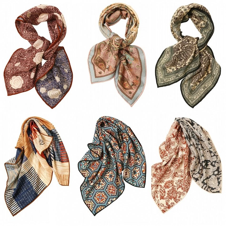 65cm Woll-Seide Mix Wolltuch doppelseitig bedrucktes Seiden-Halstuch Bandana - Bild 1 von 1