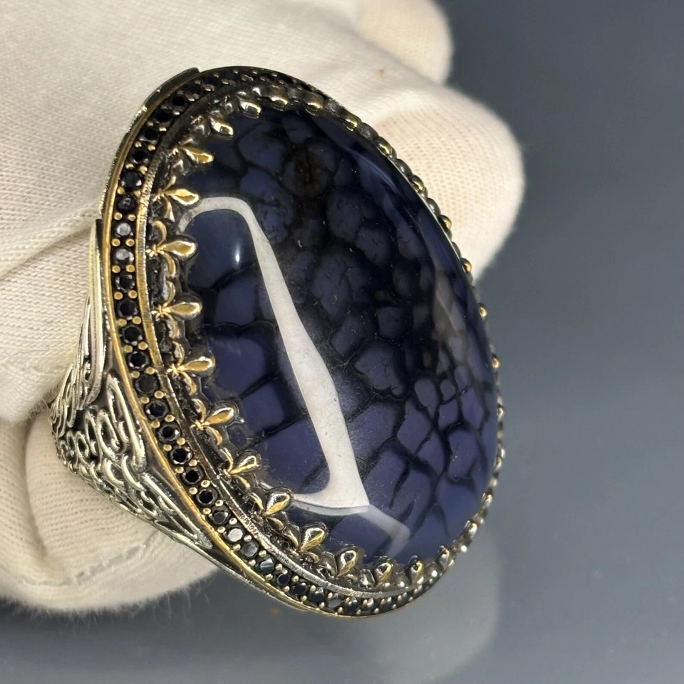 Agate Sterling Silver Men’s Ring, Ottoman Style, Bronze Accent - Image 2 of 4