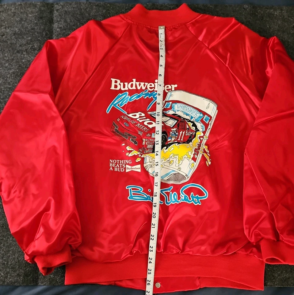 Chaqueta De Colección Bill Elliott Para Hombre Grande Roja Satinada Bombardero Budweiser Racing NASCAR Foto 3 de 4