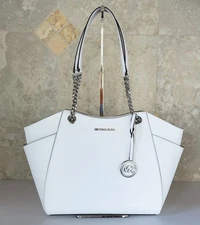 Michael Kors Jet Set Travel Large Shoulder Chain Tote Bag Optic White/Silver
