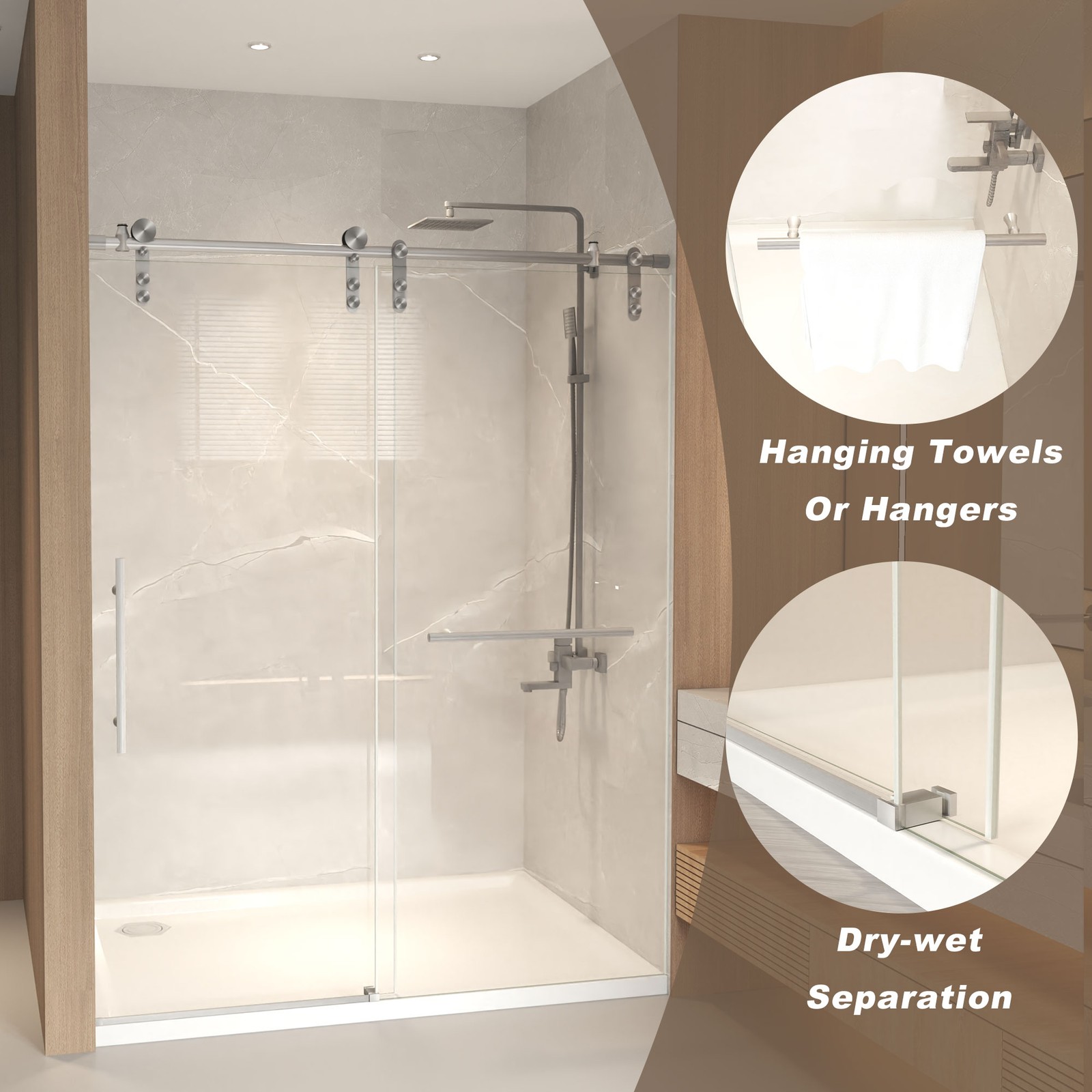 56-60" x 66" H Sliding Frameless Glass Shower Door (8mm) Clear Tempered Glass