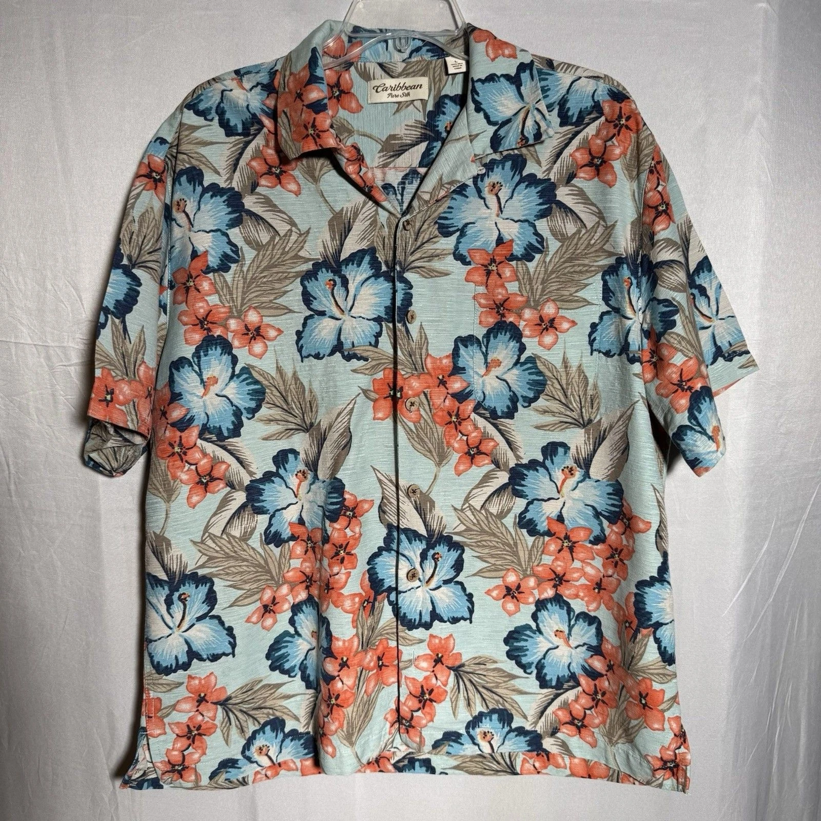 Caribbean Pure Silk Shirt Mens L Hawaiian Floral Tropical Button Up Beach Cruise