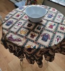 Vtg Primitive Farmhouse Angels, Stars Americana Country 47" Round Table Cloth