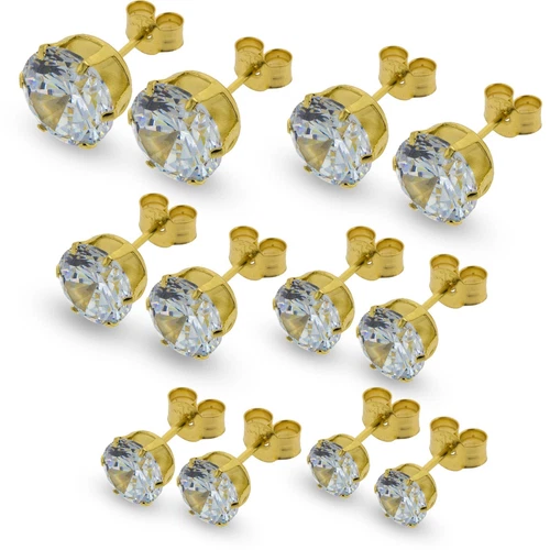 9CT GOLD CZ STUD EARRINGS ROUND WHITE PINK LILAC AMETHYST BLACK CUBIC ZIRCONIA