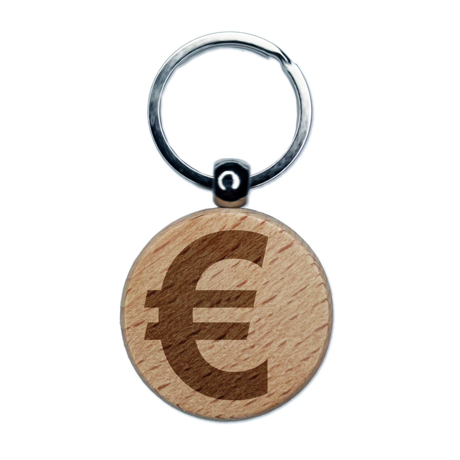 Euro Symbol Engraved Wood Round Keychain Tag Charm