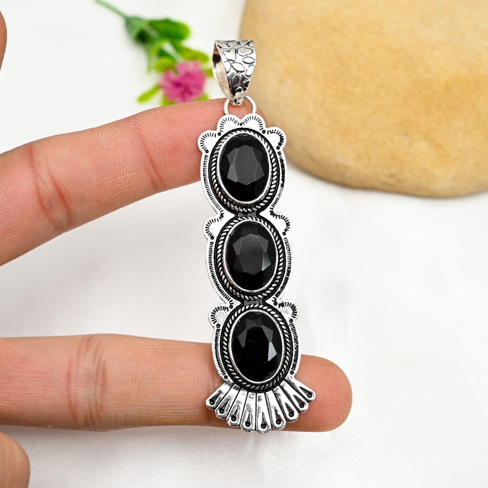 Natural Black Onyx Pendant in 925 Sterling Silver, Handmade Jewelry Gift for Her