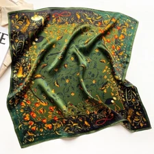 100% Mulberry Silk Scarf Bandanna Birds Print Square Necktie Hairband 21" Green