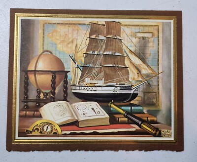 Vintage Christmas Card Ship Book Globe Map by American Artists