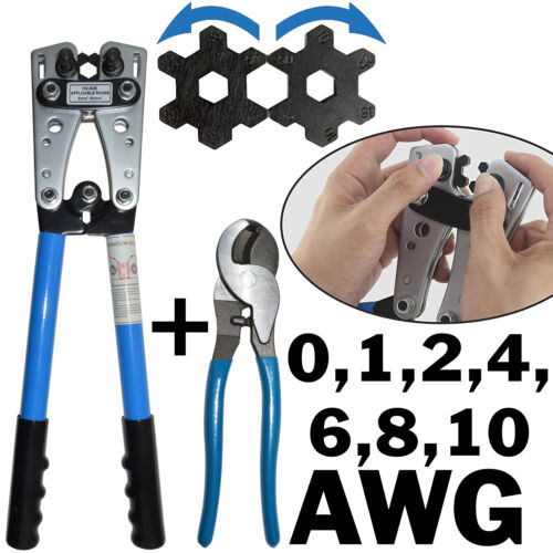 Wire Crimper and Cable Cutter for 0, 1, 2, 4, 6, 8, 10 AWG - Cable Lug Crimping - Picture 1 of 7