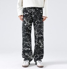 Men's Black Printed Straight Leg Cotton Denim Jeans Pants Punk Hip Hop Trousers